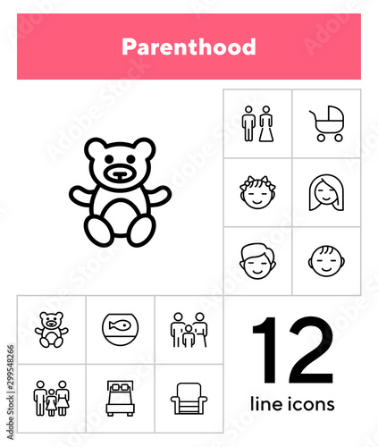 Parenthood line icon set. Boy, girl, couple, parents. People concept. Can be used for topics like family, children, home
