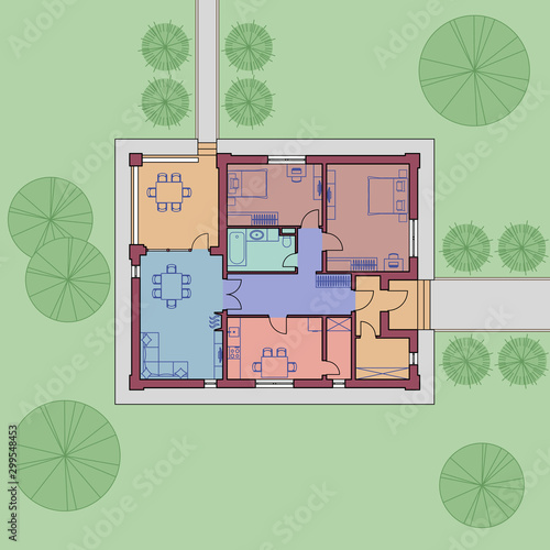 Architectural floor plan of a house. The drawing of the cottage. One-storey building on the land. Vector illustration