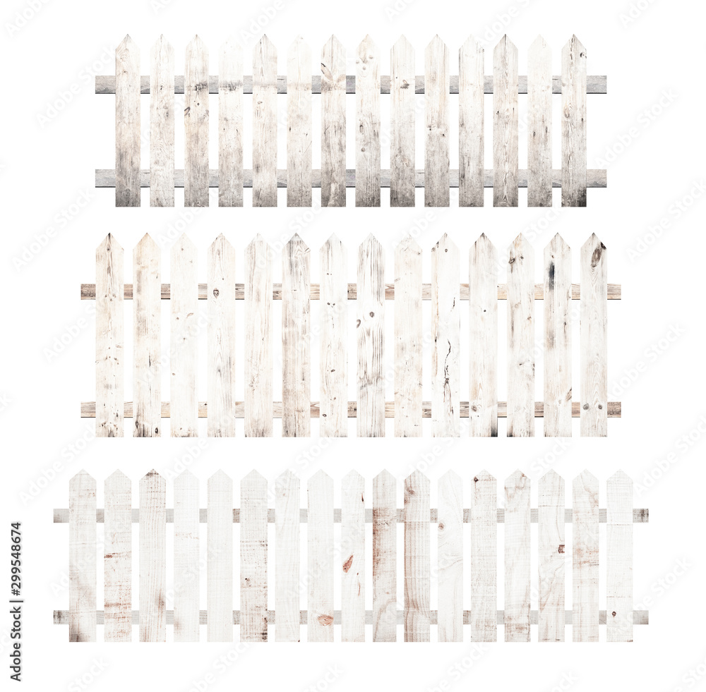 A collection of white wooden fence isolated on a white background that separates the objects. There are Clipping Paths for the designs and decoration A collection of white wooden fence isolated on a white background that separates the objects. There are Clipping Paths for the designs and decoration