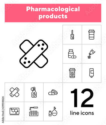 Pharmacological products icon set. Drugstore concept. Vector illustration can be used for topics like apothecary, pharmaceuticals, medicine