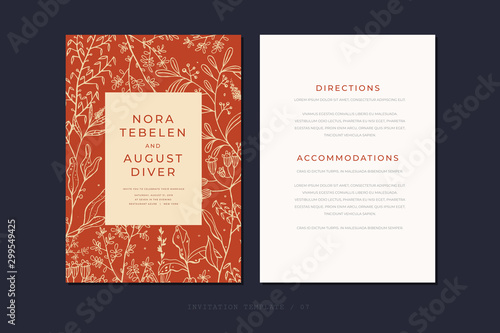 Vintage invitation with hand drawn herbs and flowers for a wedding or a celebration. Vertical rsvp modern map. Elegant card template with place for your text. Vector rustic illustration.