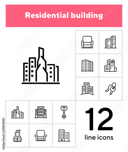 Residential building icons. Set of line icons. Key, residential district, cityscape. Housing development. Vector illustration can be used for topics like mortgage, rent, construction