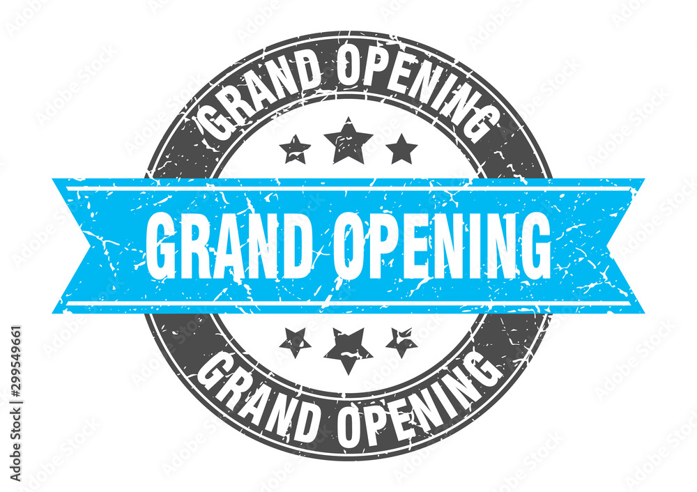 Fototapeta premium grand opening round stamp with turquoise ribbon. grand opening