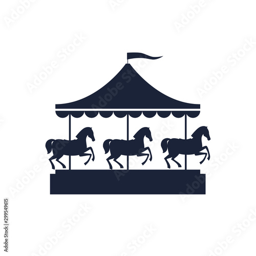 Dark silhouette of carousel with horses. An old children's attraction. Vintage merry-go-round on white background. Vector illustration.