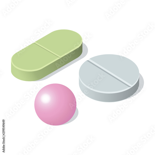 Medical pill and tablets isolated on white background. Isometric vector illustration