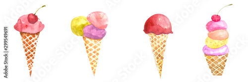 Collection of watercolor ice cream cone on white background