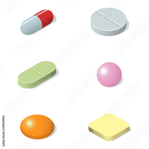 Set of different medical pills, tablets, capsules isolated on white background. Pharmacy isometric vector illustration.