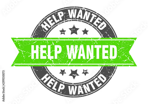 help wanted round stamp with green ribbon. help wanted