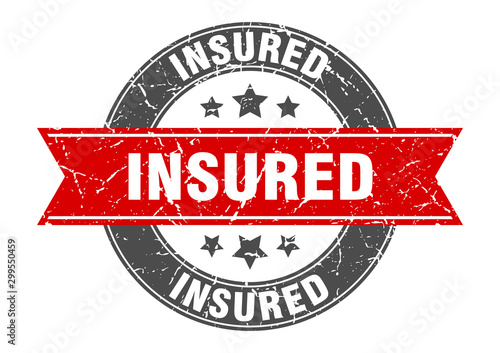 insured round stamp with red ribbon. insured