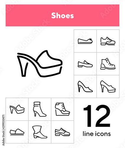 Shoes line icon set. Set of line icons on white background. Cowboy boot, espadrille, high heel shoes. Fashion concept. Vector illustration can be used for topics like clothing, fashion, shoes