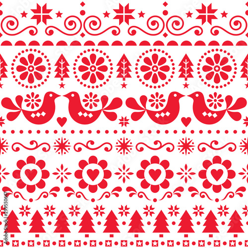 Christmas folk art vector seamless pattern, Scandinavian festive design with birds, snowflakes, flowers, Xmas trees in red on white background