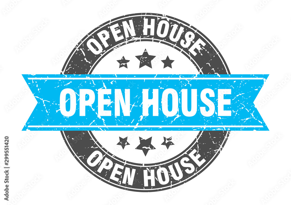 Fototapeta premium open house round stamp with turquoise ribbon. open house