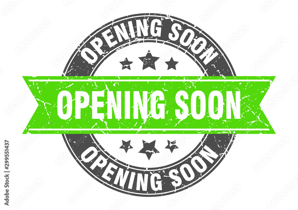 Fototapeta premium opening soon round stamp with green ribbon. opening soon