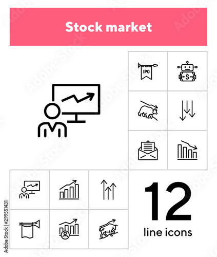 Stock market line icon set. Bear, bull, trader, IPO, charts. Finance concept. Can be used for topics like investment, assets, trading
