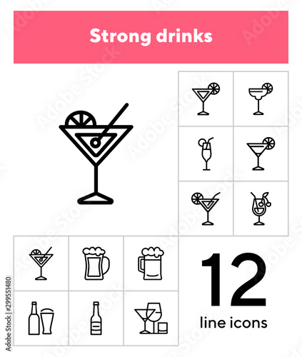 Strong drinks icons. Set of line icons on white background. Beer bottle, martini, margarita cocktail. Alcohol concept. Vector illustration can be used for topic like drinks, bar, menu