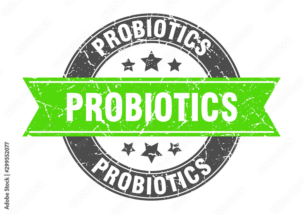 Fototapeta premium probiotics round stamp with green ribbon. probiotics