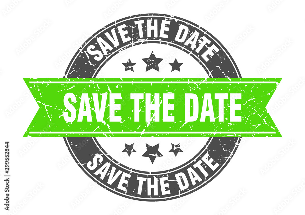 Obraz premium save the date round stamp with green ribbon. save the date
