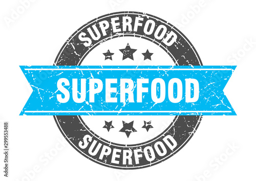 superfood round stamp with turquoise ribbon. superfood