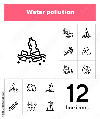 Water pollution icon set. Line icons collection on white background. Litter, sea, plastic. Environment concept. Can be used for topics like problem, danger, conservation
