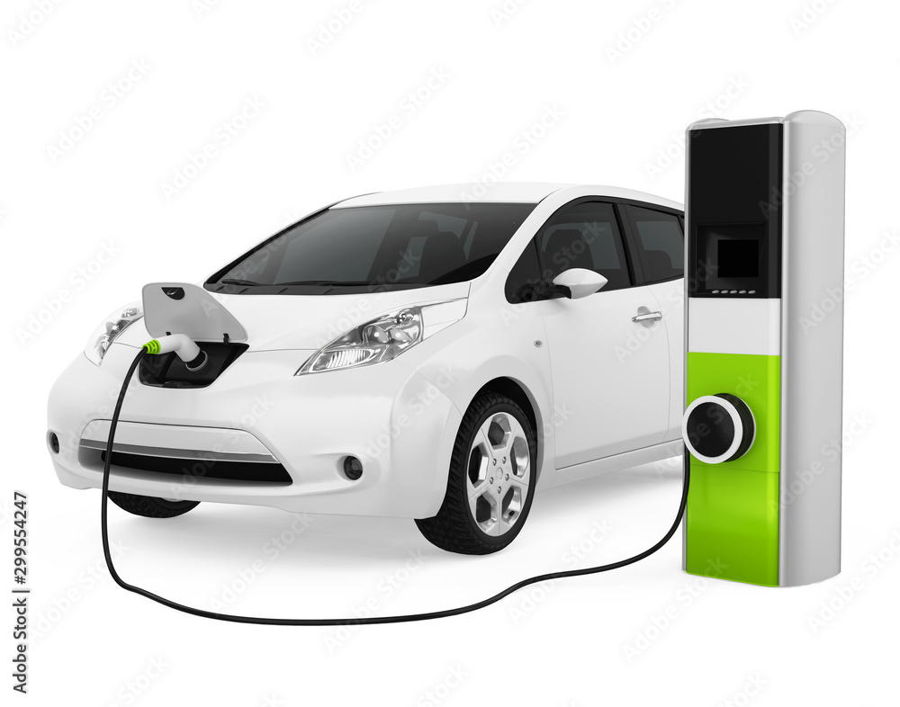 Electric Car in Charging Station Isolated - obrazy, fototapety, plakaty 