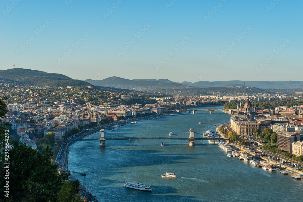 Budapest, Hungary - October 01, 2019: Panoramic cityscape view of hungarian capital city and Danube river of Budapest from the Gellert Hill.