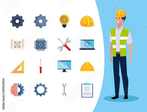 engineer man with set icons working vector illustration design