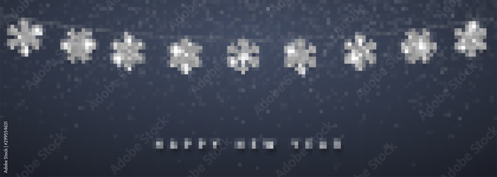 Christmas or New Year silver snowflake decoration garland on dark background. Hanging glitter snowflake. Vector illustration
