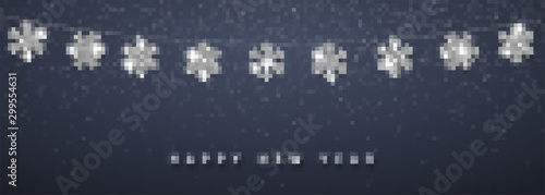 Christmas or New Year silver snowflake decoration garland on dark background. Hanging glitter snowflake. Vector illustration