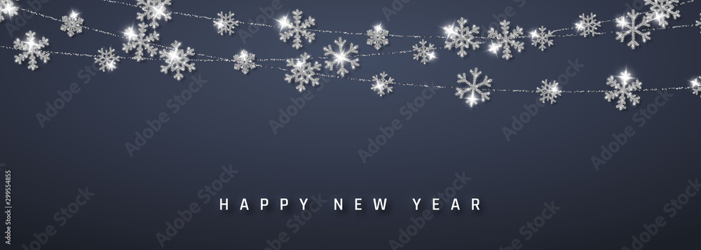 Christmas or New Year silver snowflake decoration garland on dark background. Hanging glitter snowflake. Vector illustration - obrazy, fototapety, plakaty 