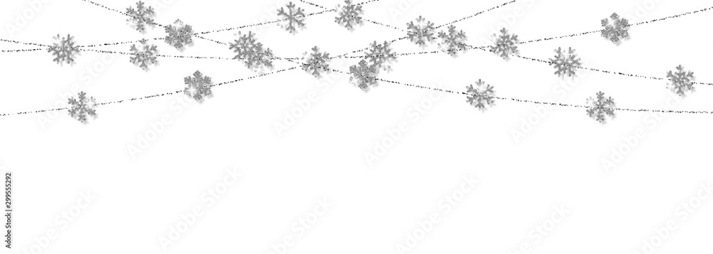 Christmas or New Year silver snowflake decoration garland on white background. Hanging glitter snowflake. Vector illustration Christmas or New Year silver snowflake decoration garland on white background. Hanging glitter snowflake. Vector illustration