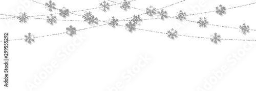 Christmas or New Year silver snowflake decoration garland on white background. Hanging glitter snowflake. Vector illustration
