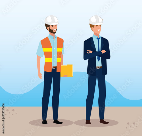 engineer men group with helmet secure vector illustration design
