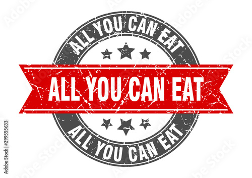 all you can eat round stamp with red ribbon. all you can eat