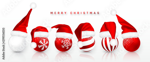 Christmas ball in Red Santa Claus hat isolated on white background. Holiday decoration template. Gradient mesh Santa Claus cap with fur. Vector illustration