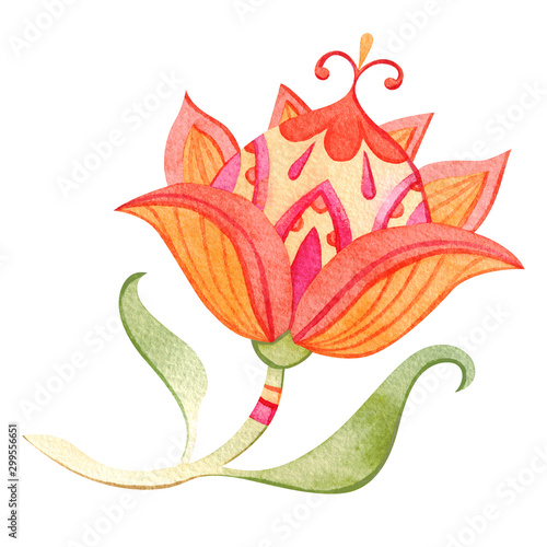 Beautiful watercolor paradise flower. Fairytale folk hand painted illustration. Isolated on white.