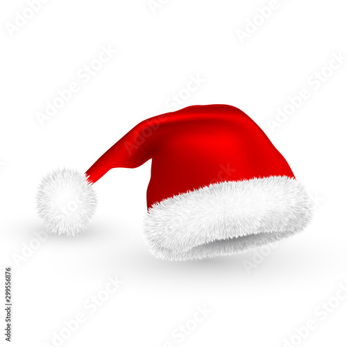 Realistic Red Santa Claus hat isolated on white background. Gradient mesh Santa Claus cap with fur. Vector illustration