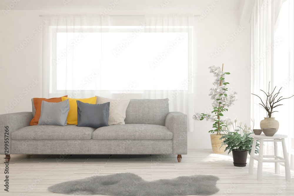 Stylish room in white color with sofa. Scandinavian interior design. 3D illustration Stylish room in white color with sofa. Scandinavian interior design. 3D illustration