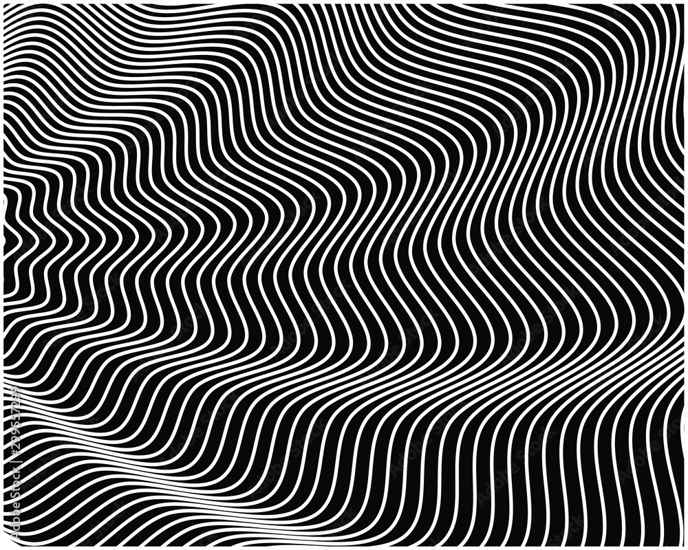 Digital image with a psychedelic stripes Wave design black and white. Optical art background. Texture with wavy, curves lines. Vector illustration 