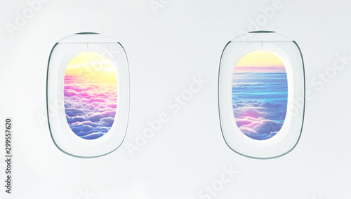 3D rendering of View from airplane. Flight window.Vacation destinations. Summer holiday. Aircraft Windows
