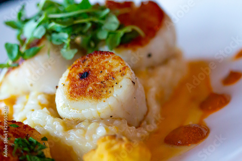 Diver scallops with fresh greens and reduction sauce