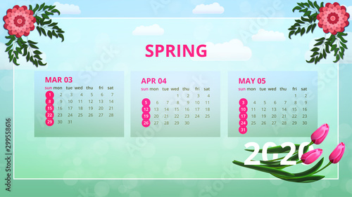 Calendar design for 2020 year. Week Starts Sunday. Spring background, seasonal card. March, April, May.