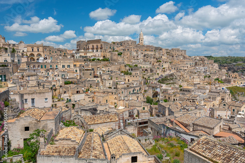 Panoramic view to the town of Matera in Italy with historic buildings, Apulia, Italy.