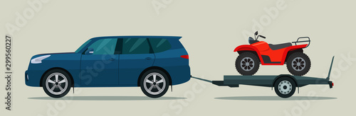 SUV car tows a trailer with a ATV. Vector flat style illustration.