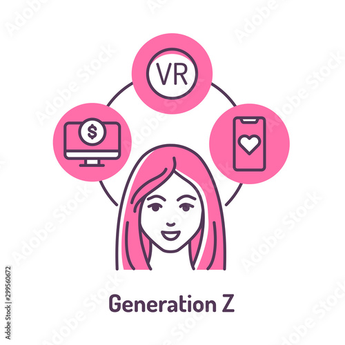 Genaration Z color line icon on pink background. Lifestyle: Remote work, startup, online dating, virtual reality.