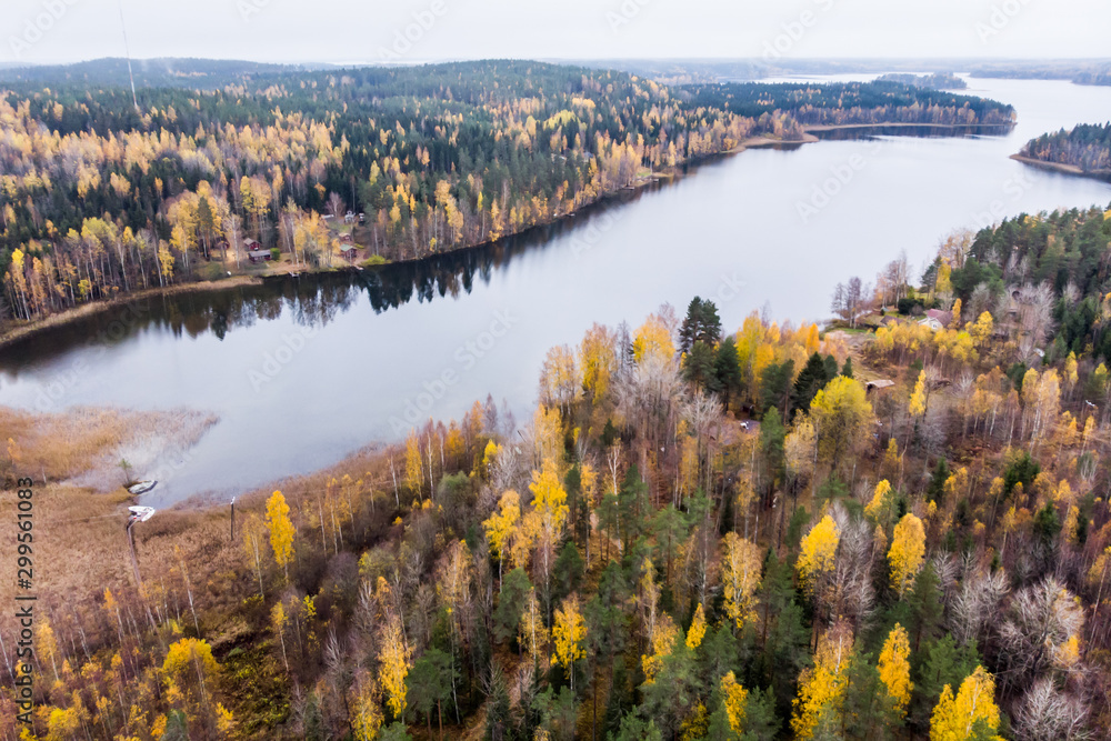 Aerial view of lake and colorful forests on a autumn day in Finland. Drone photography