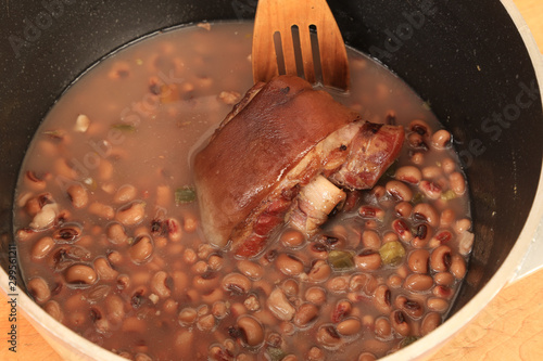 Pot of Black-eyed Peas with Spices and Large Ham Hock
