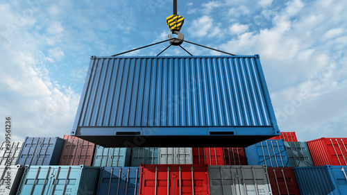 Obraz na płótnie Crane hook with a cargo blue container for text