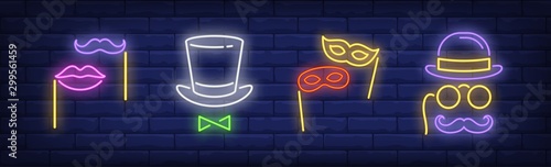 Moustache, lips, masks on sticks and pince-nez neon signs set