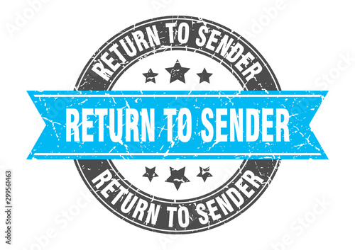 return to sender round stamp with turquoise ribbon. return to sender