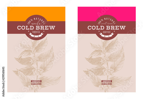2 cold brew coffee labels with hand drawn coffee branch
